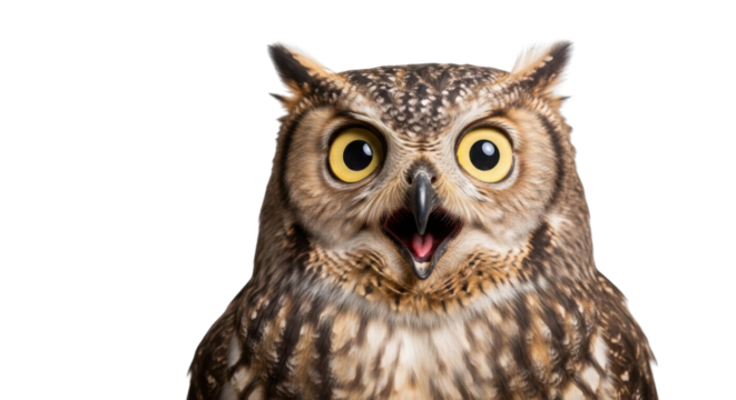 Surprised owl with open beak and wide eyes isolated PNG with Transparent Background