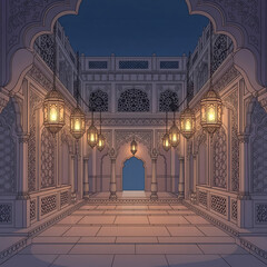 Courtyard With Arches Lanterns And Intricate Wall Patterns At Dusk architecture Islamic isolated on a transparent background