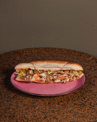 Long sandwiches with chicken breast, eggs, cabbage, cheese and dressing on plate