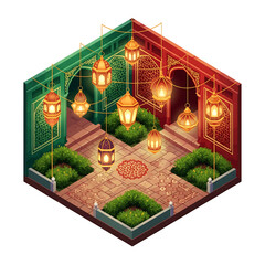 Isometric Islamic courtyard with ornate lanterns and greenery architecture isolated on a transparent background