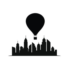 A hot air balloon floating over a city silhouette vector art illustration