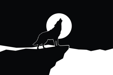 A lone wolf howling at the moon on a cliff silhouette vector art illustration