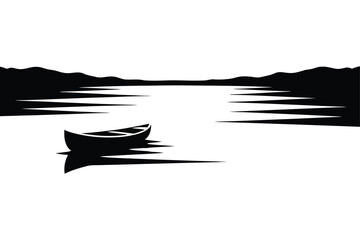 A tranquil lake with a small boat silhouette vector art illustration
