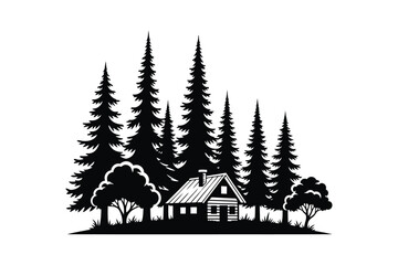 Cabin in forest with tall trees silhouette vector illustration
