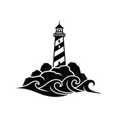 Lighthouse on rocky coastal cliffs with waves crashing silhouette vector illustration