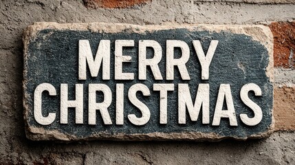 Vintage stone Christmas sign on weathered brick wall with white text "merry christmas", ideal for retro nostalgic projects like festive greeting cards, decorations, t-shirts, and bags, adding classic 