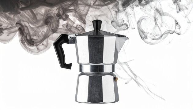 Espresso Coffee Maker with Steaming Smoke A Visual Metaphor for Freshly Brewed Coffee