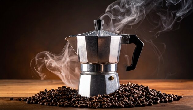 Coffee Maker and Beans Aromatic Steam and Fresh Brew in Artistic Composition