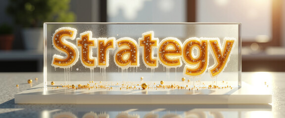 Strategy concept written on clear glass board with sunlight background