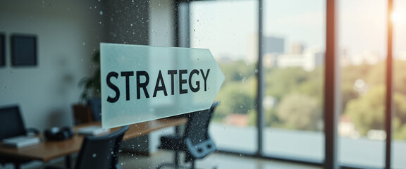 Strategy written on clear glass board in modern office environment  