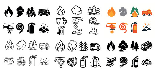Obraz premium Firefighting icons set: helicopter, trucks, extinguishers