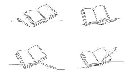 Open book and pen in minimalist continuous line drawing design
