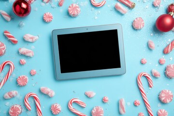 Vertical composition of a sleek laptop with a blank screen, surrounded by festive treats and decorations, creating a joyful mood for virtual family gatherings