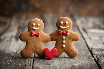 Two Gingerbread Men Holding Hands with a Red Heart on a Rustic Wooden Background 