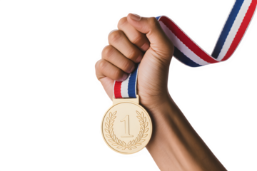 First place gold medal held up in triumph on black background