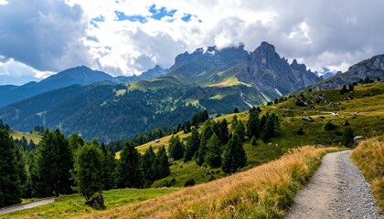 Scenic mountain landscape with a walking path, lush greenery, and dramatic sky, perfect for travel