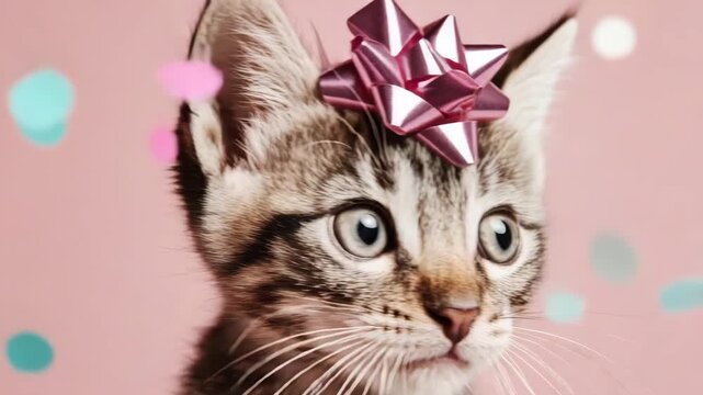 Cute tabby kitten with a pink bow on its head a charming pet portrait for birthday cards and animal lovers