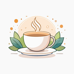 A stylized illustration of a steaming cup of tea, surrounded by leaves.