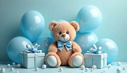 Cute teddy bear toy with blue bow tie sits among balloons, wrapped presents. Celebration setup for baby boy shower kids birthday party. Soft plush animal gift with festive decorations on pastel