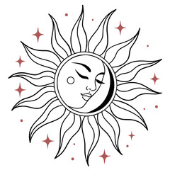 Celestial sun and moon face with stars and dots