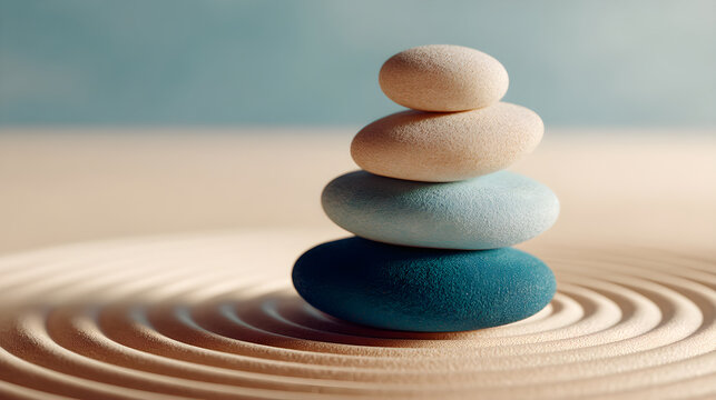 Zen stones balancing on raked sand creating harmony - Powered by Adobe
