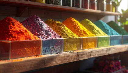 Vibrant Rainbow of Powdered Colors A Palette of Holi Festival Powders Displayed on a Shelf