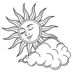 Smiling sun peeking through clouds line art