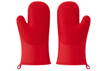 Pair of red silicone heat-resistant oven gloves with textured non-slip surface isolated on transparent background