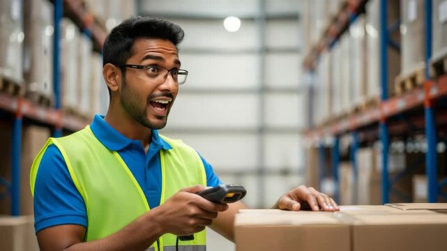 Happy warehouse worker scanning a box and waving. Young man in high-vis vest checking inventory with barcode scanner and greeting colleague. Logistics and distribution concept