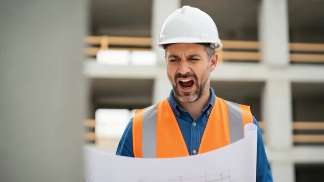 Angry construction architect shouting while looking at blueprints on a building site. Frustrated foreman reacting to a major error or problem in the plans. Construction failure concept