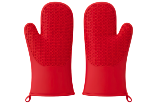 Pair of red silicone heat-resistant oven gloves with textured non-slip surface isolated on transparent background