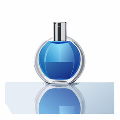 Fototapeta premium Clear Round Glass Perfume Bottle With Blue Liquid and Silver Cap Reflected on a White Surface