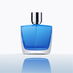 Obraz premium Elegant Blue Glass Perfume Bottle with Silver Cap and Reflective Surface Minimalist Studio Product Shot