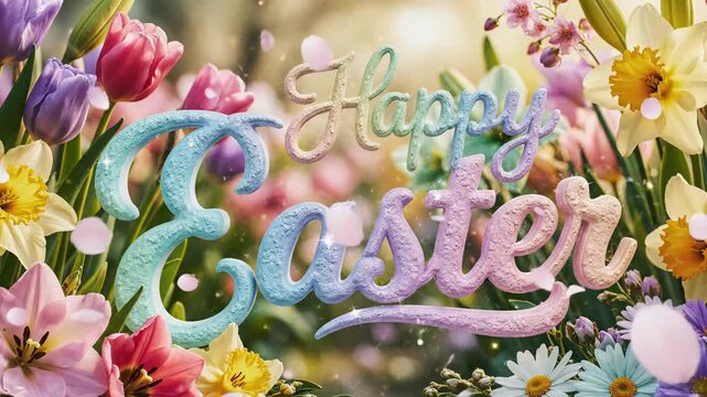 Happy Easter text animation with colorful spring flowers. 3D typography surrounded by tulips and daffodils with falling petals. Holiday greeting concept