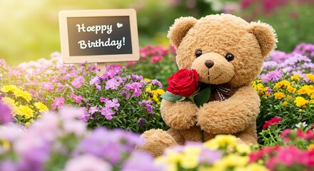 Plush teddy bear holds rose near "Happy Birthday!" sign in garden of colorful blooms
