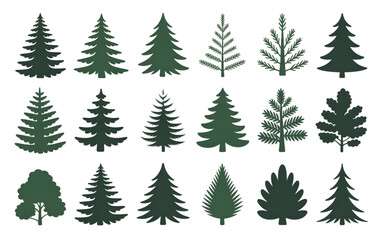 Fototapeta premium Mega Forest Tree Vector Collection, Coniferous and Deciduous Plant Silhouettes and Color Icons Set
