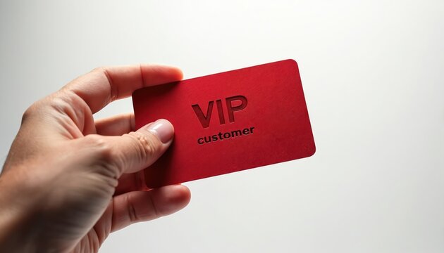 Person hand holds red VIP customer card against plain white background. Concept for business loyalty program focused on client retention, engagement. Exclusive membership pass provides premium