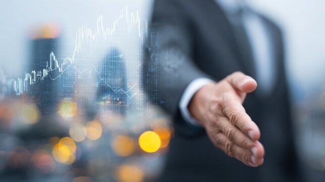 Businessman offering handshake with financial data overlay