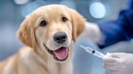 A happy golden retriever puppy at the veterinarian office. The puppy looks joyful and playful. This image highlights pet care and veterinary services in a friendly environment. AI