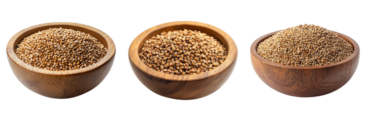 Three wooden bowls filled with various grains, showcasing a rustic, organic food theme