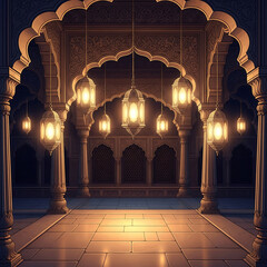 Ornate Arched Hallway With Hanging Lanterns And Intricate Carvings corridor archway isolated on a transparent background