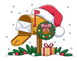 Christmas mailbox with santa hat wreath and gift in snow
