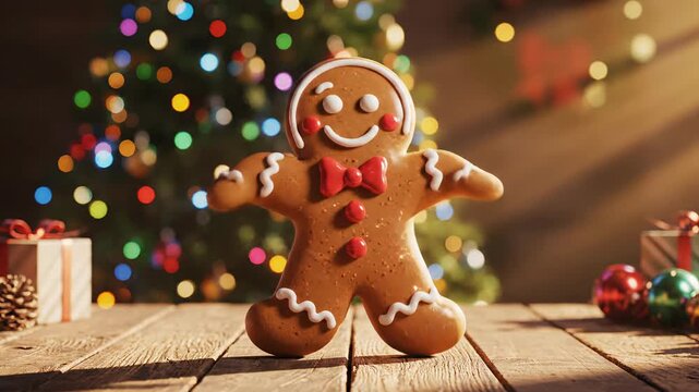 Animated gingerbread man cookie winking and jumping with magical sparkles. Festive 3D holiday character on a wooden table with Christmas tree bokeh. Winter celebration concept