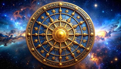 Fototapeta premium Ornate golden wheel design with a blue background against a galaxy backdrop filled with stars and nebulas