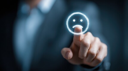 Businessman touching sad face icon online feedback