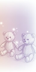 Illustration in subtle pencil drawing sketch style. Two teddy bears in dreamy pink setting with sparkles and lights. Vertical background with copy space. Children's room decoration, nursery. Toy shops