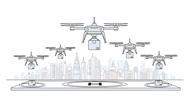 Automated delivery drones transporting packages over a cityscape skyline
