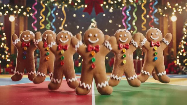 Animated gingerbread men dancing on a festive stage. Group of Christmas cookies performing a synchronized routine with holiday lights. Funny 3D animation concept