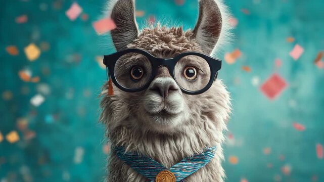 Llama wearing glasses and a medal a quirky and fun illustration for educational materials invitations or greeting cards