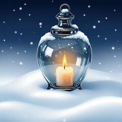 Snowy glass lantern with candle glowing inside in winter night scene. Cozy atmosphere of winter holidays, seasonal decoration